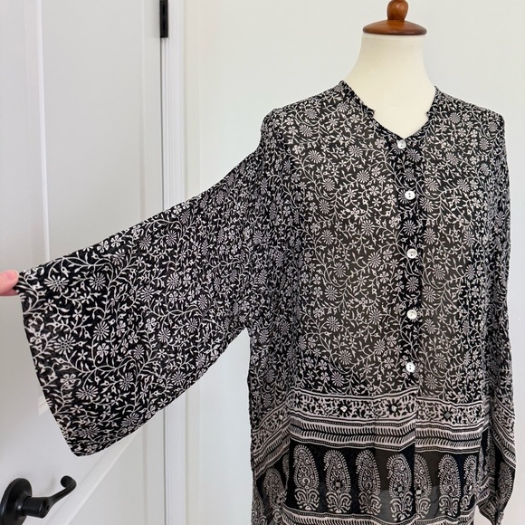 Rene Derhy Top Womens Large Black White Paisley Artsy Boho Peasant Blouse - Picture 4 of 10